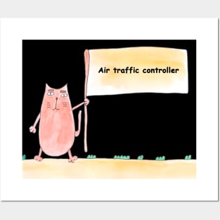 Air traffic controller, profession, work, worker, professional, cat, humor, fun, job, humorous, watercolor, animal, character Posters and Art